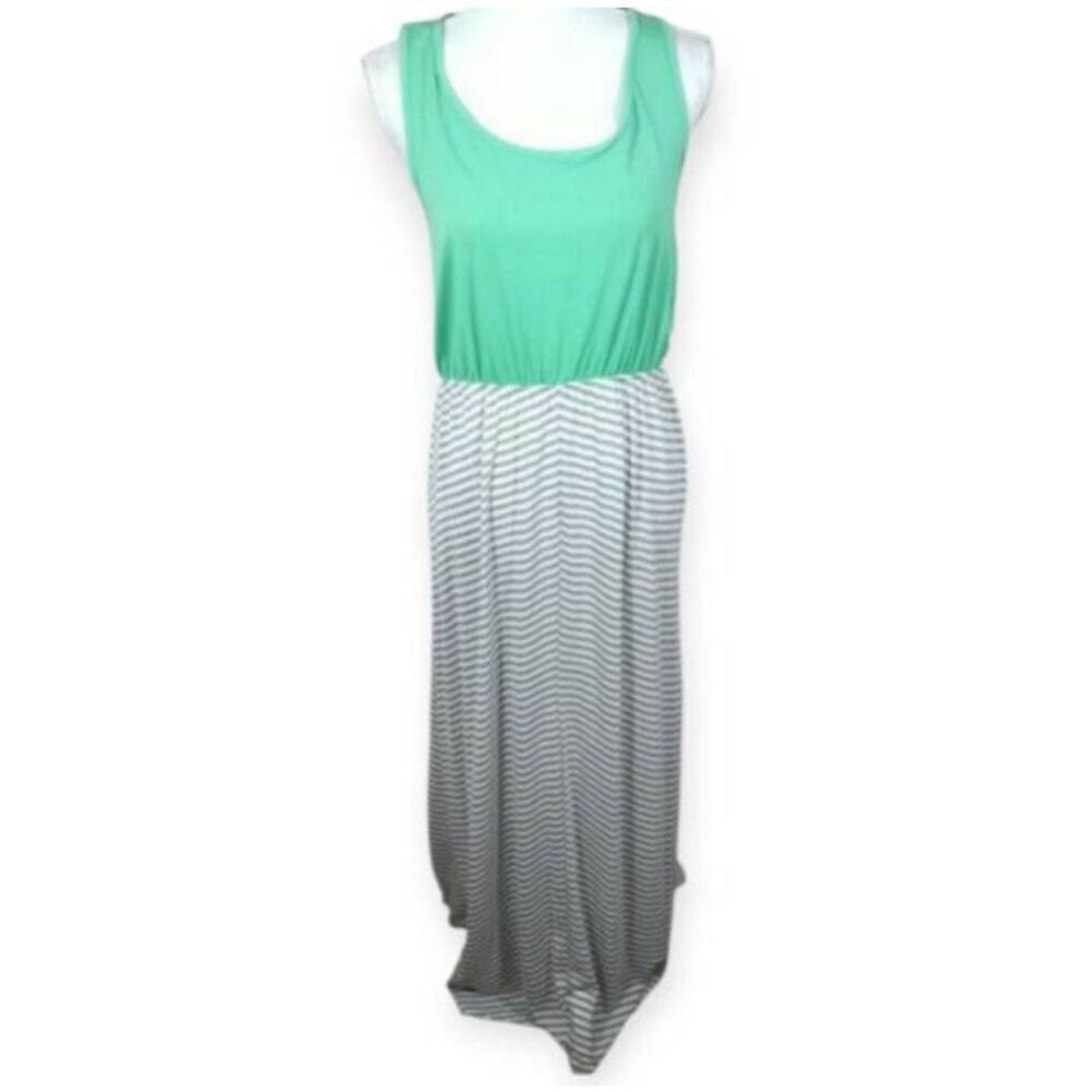 JUST BE MINT & GRAY & WHITE MAXI DRESS W/TWIST BACK SZ.M EUC.